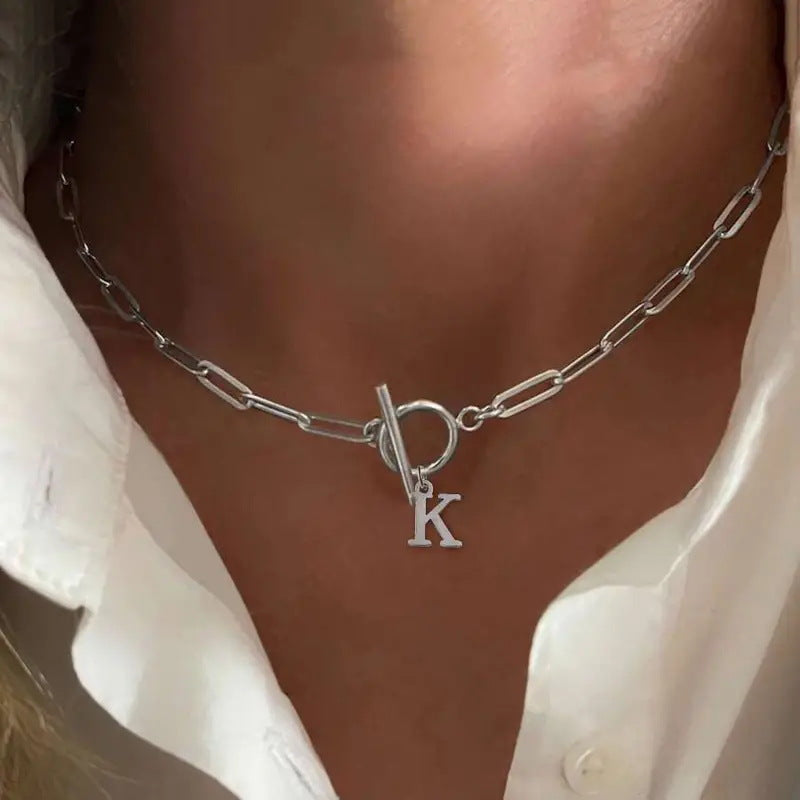 Paperclip Initial Necklace with Circle Toggle Clasp