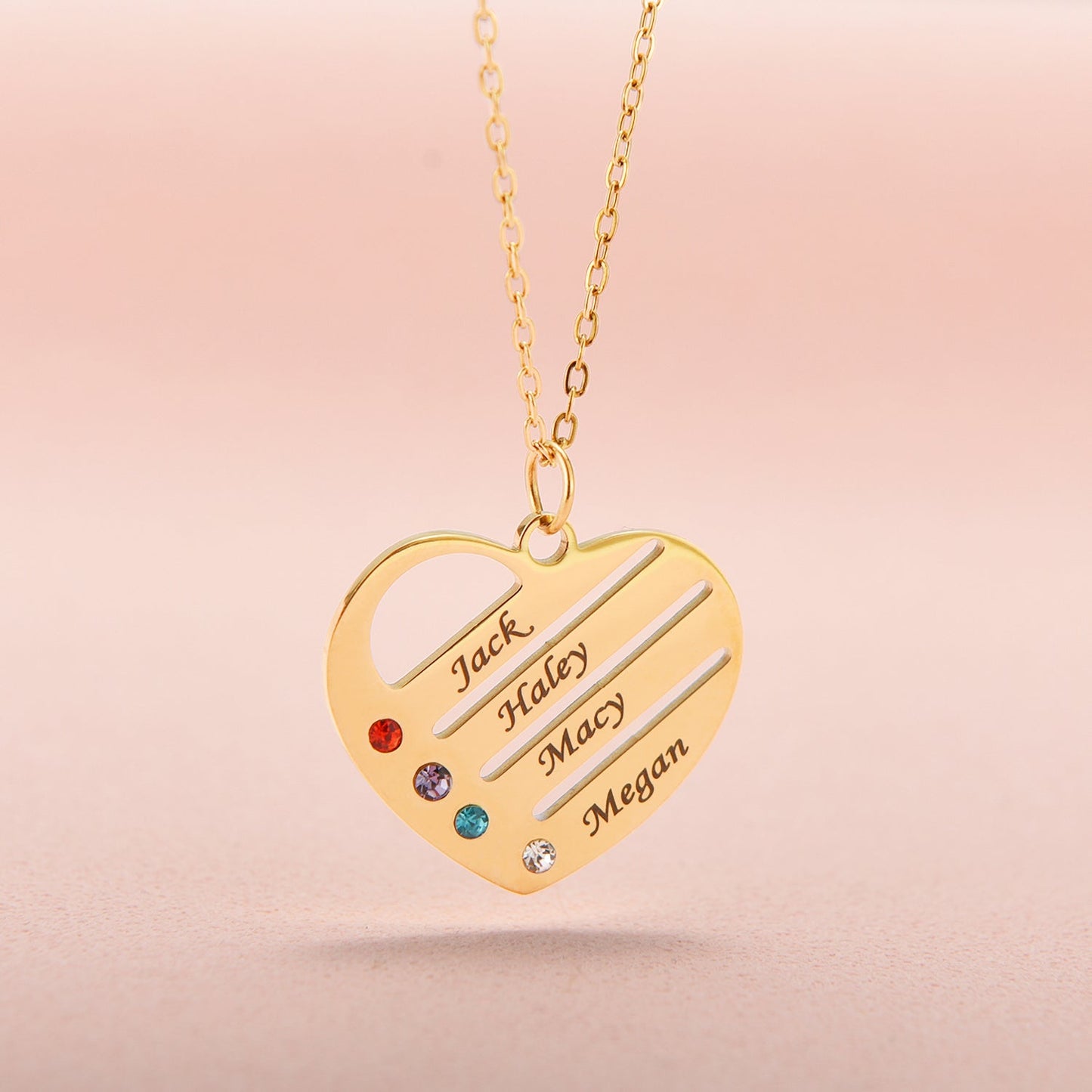 "Heart of the Family" – Custom Birthstone & Name Necklace in LED Mahogany Box