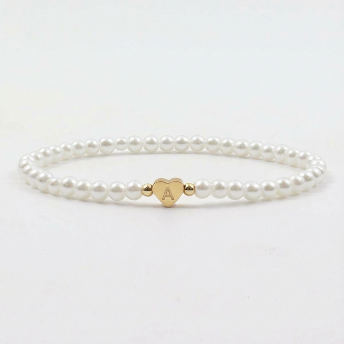 Personalized Pearl Bead Bracelet with Heart Initial Charm