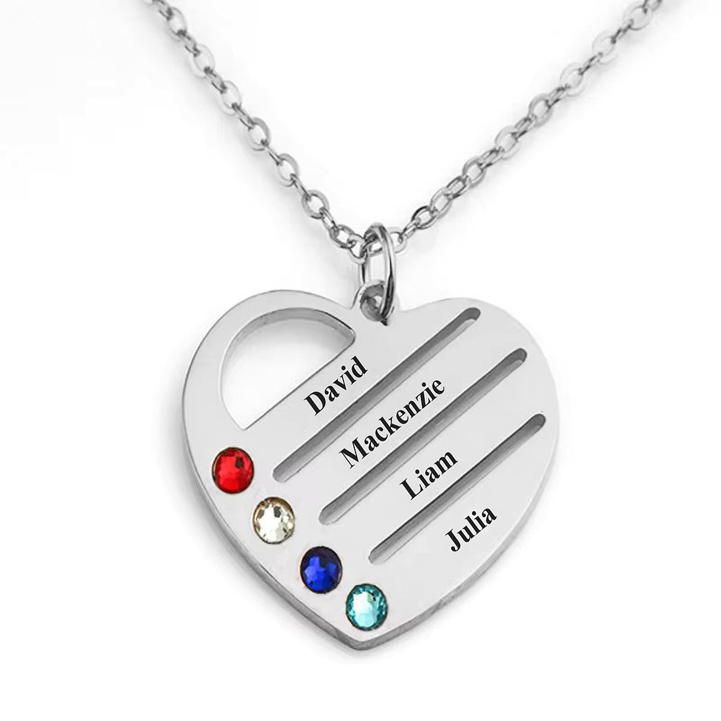 "Heart of the Family" – Custom Birthstone & Name Necklace in LED Mahogany Box