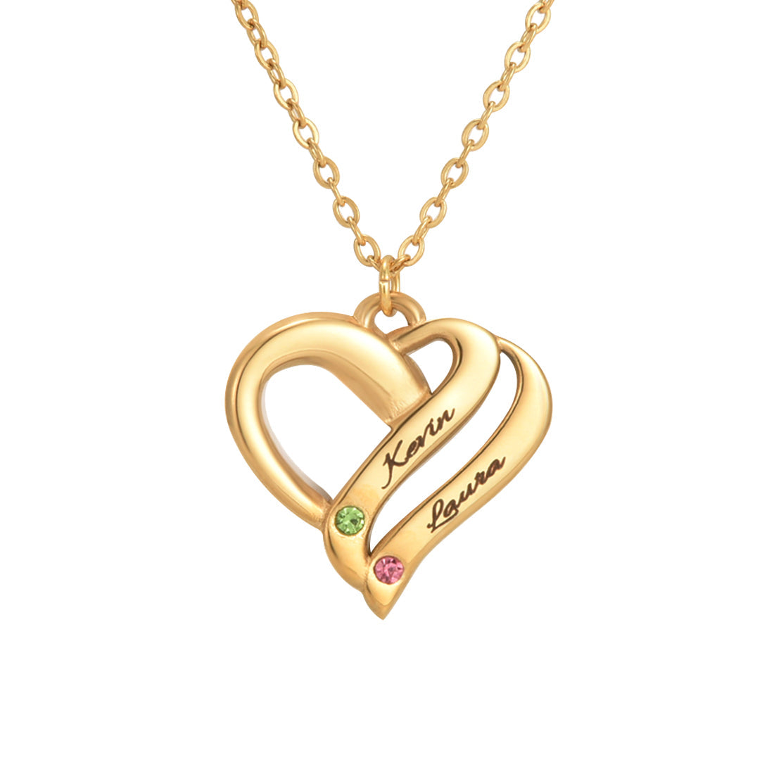 Personalized Heart Necklace with Dual Engravings & Birthstone