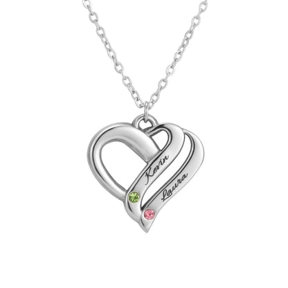 Personalized Heart Necklace with Dual Engravings & Birthstone