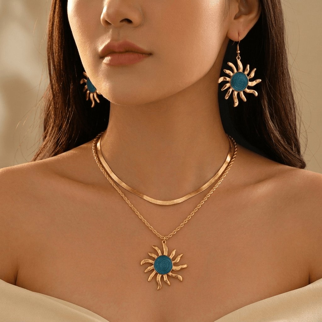 Sun Themed Earrings And Double Layer Necklace Set Jewelry Set